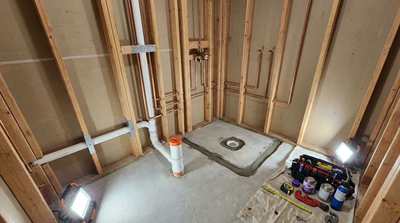 Bathroom rough-in plumbing during remodel by Johns Plumbing LLC in Glyndon
