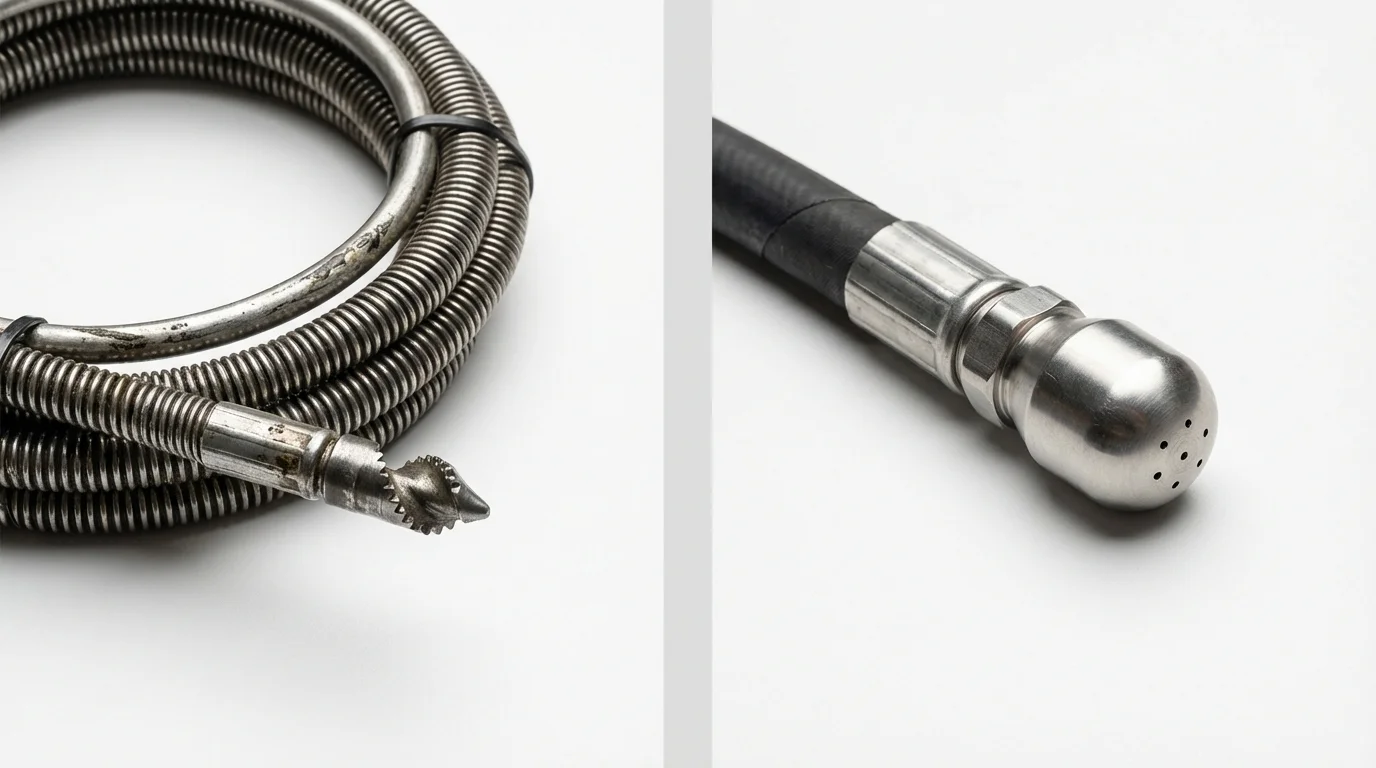 Drain snake cable and hydro jetting nozzle used for drain cleaning in Glyndon, MN
