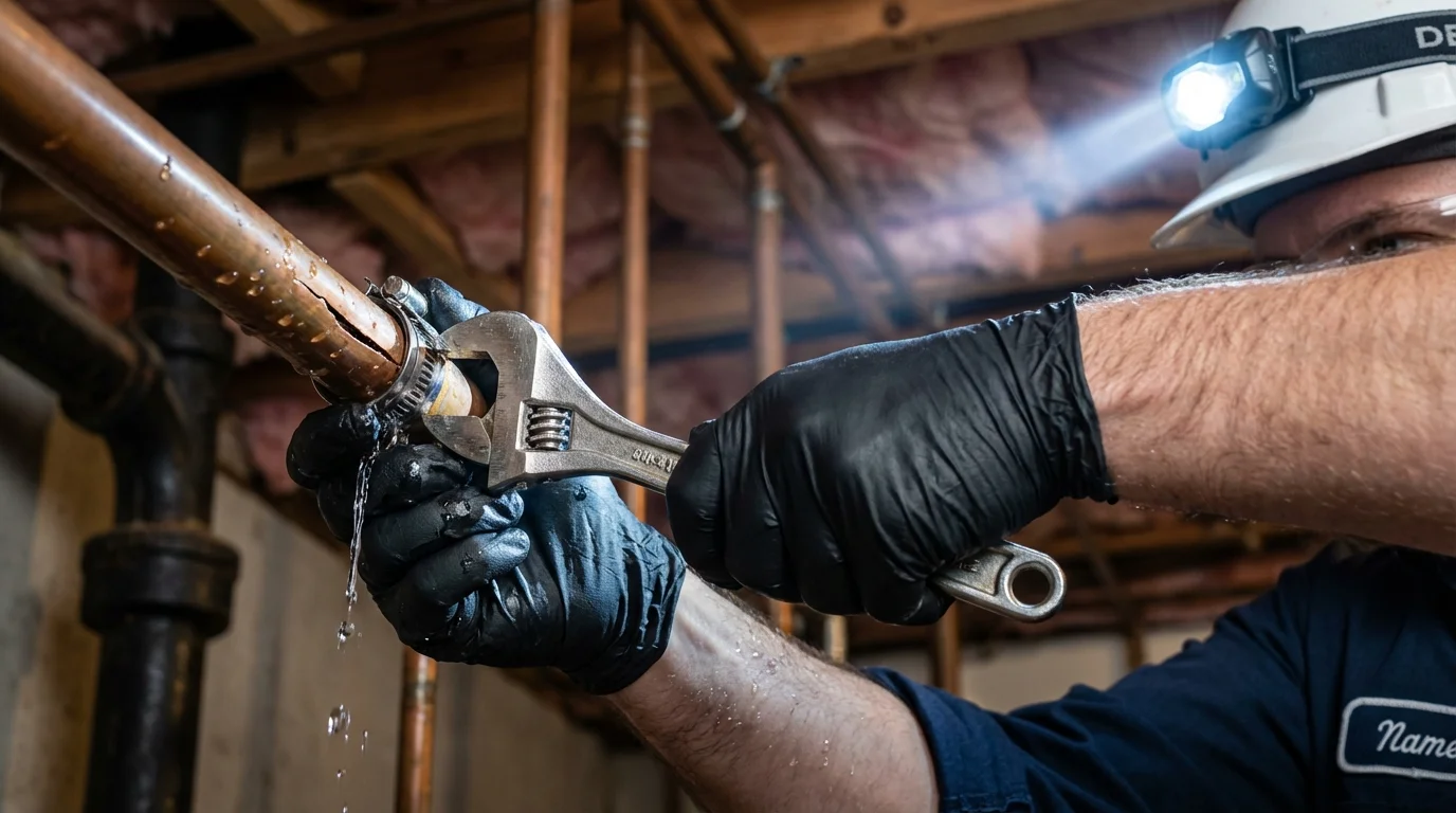 Emergency pipe clamp repair being performed by a Johns Plumbing LLC plumber in Glyndon