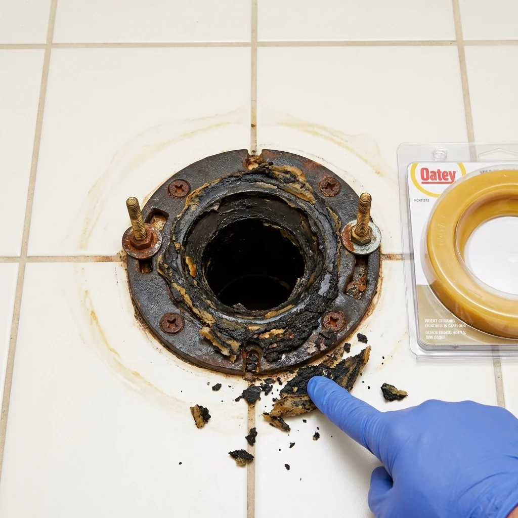 Failed wax ring showing water seepage at the base of a toilet in a Glyndon, MN home
