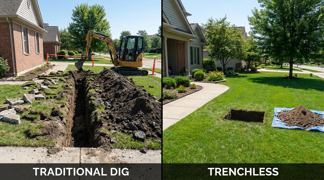 Trenchless sewer repair with minimal yard damage versus traditional excavation in Glyndon, MN