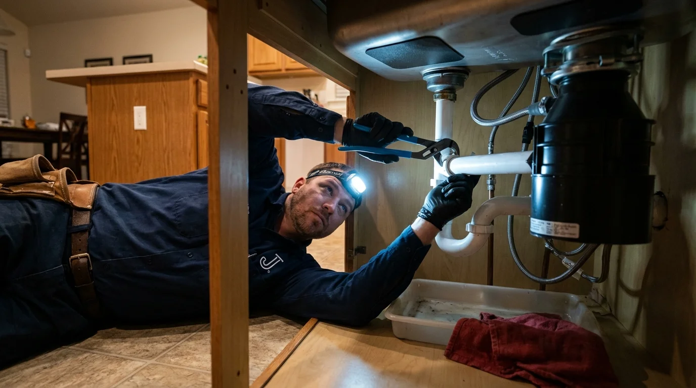P-trap and supply line connections under a kitchen sink showing a common leak point in Glyndon, MN